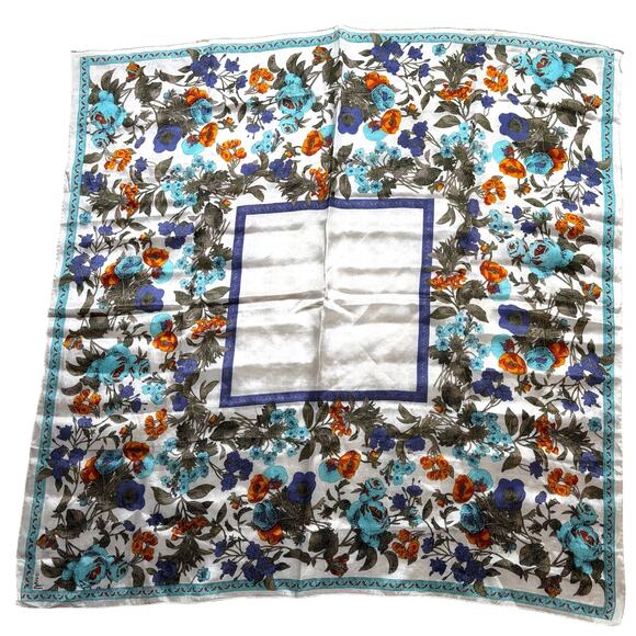 Vera silk scarf multicolor square retro cream & floral border blue green & gold - Picture 1 of 7